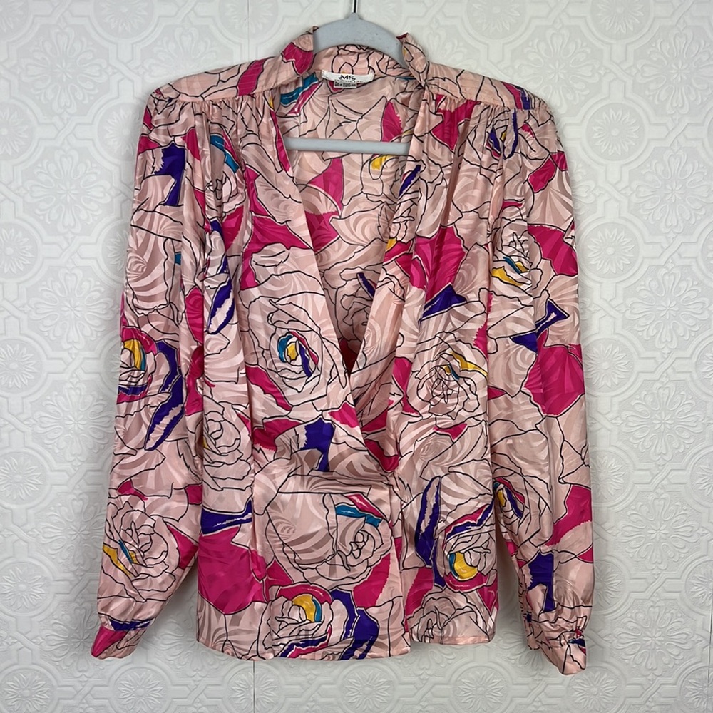 Vintage 100% Silk Wrap Blouse Shirt Bold Hot Pink Vibrant Statement Art Artsy